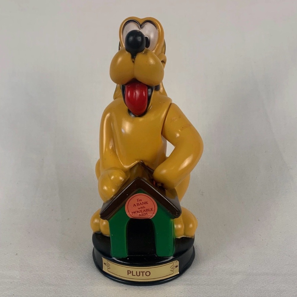 Vintage 1970s Walt Disney Prod Pluto Coin Bank Dog House Plastic Movable Arm 9"